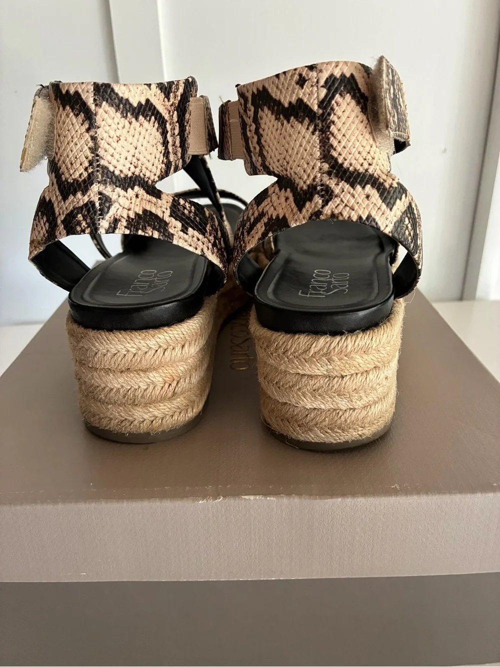Franco Sarto Snake-Print Espadrille Wedge Sandals in Beige and Black